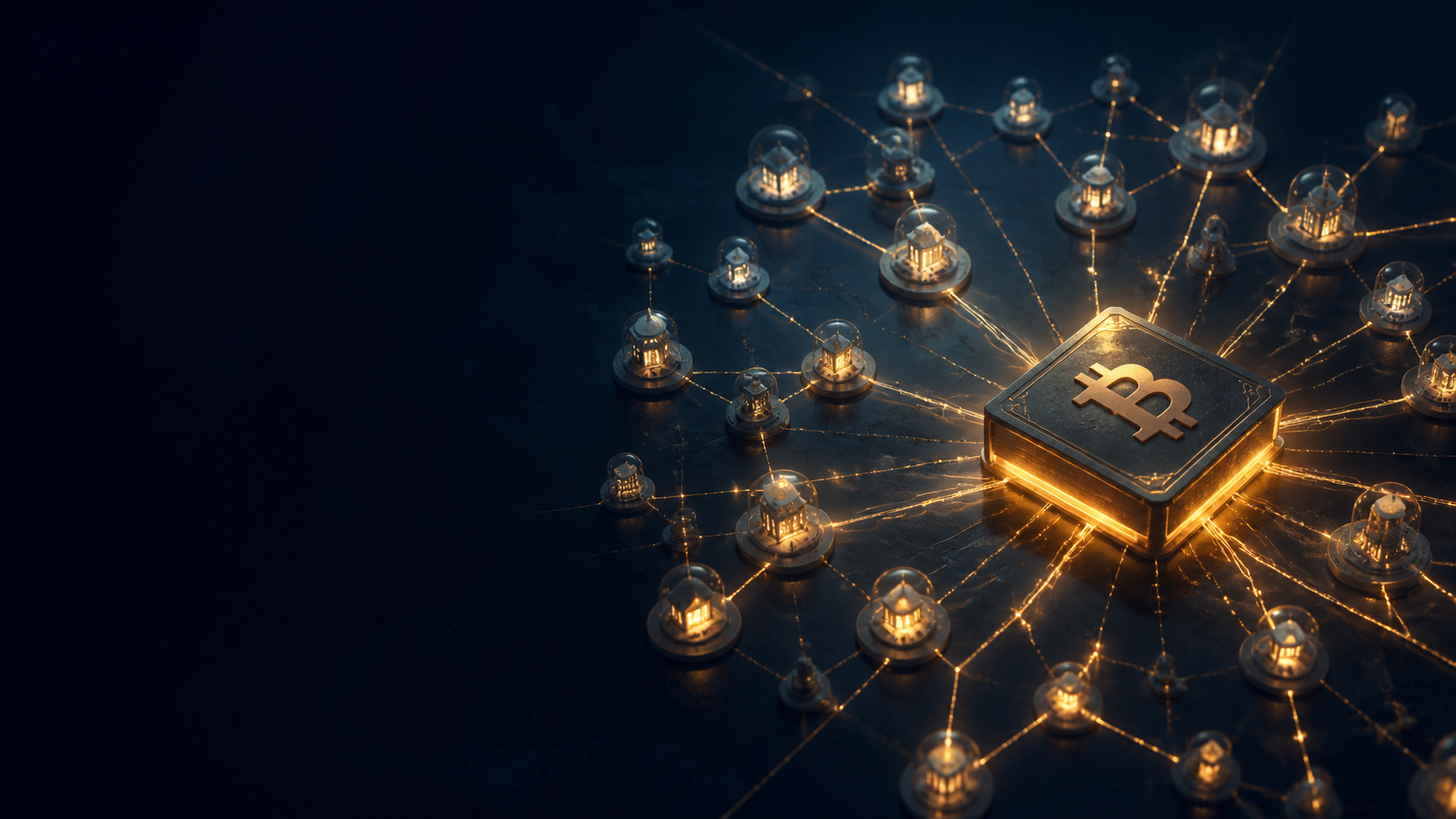 A glowing Bitcoin symbol connected to a network of small nodes